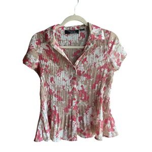 New York City Design Blouse, Women’s Sz 4P, Red/Khaki/White Floral, Cap Sleeve